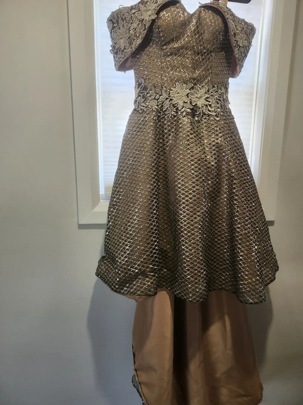 Off-Shoulder Metallic Bronze High-Low Cocktail Dress - Picture 3 of 5